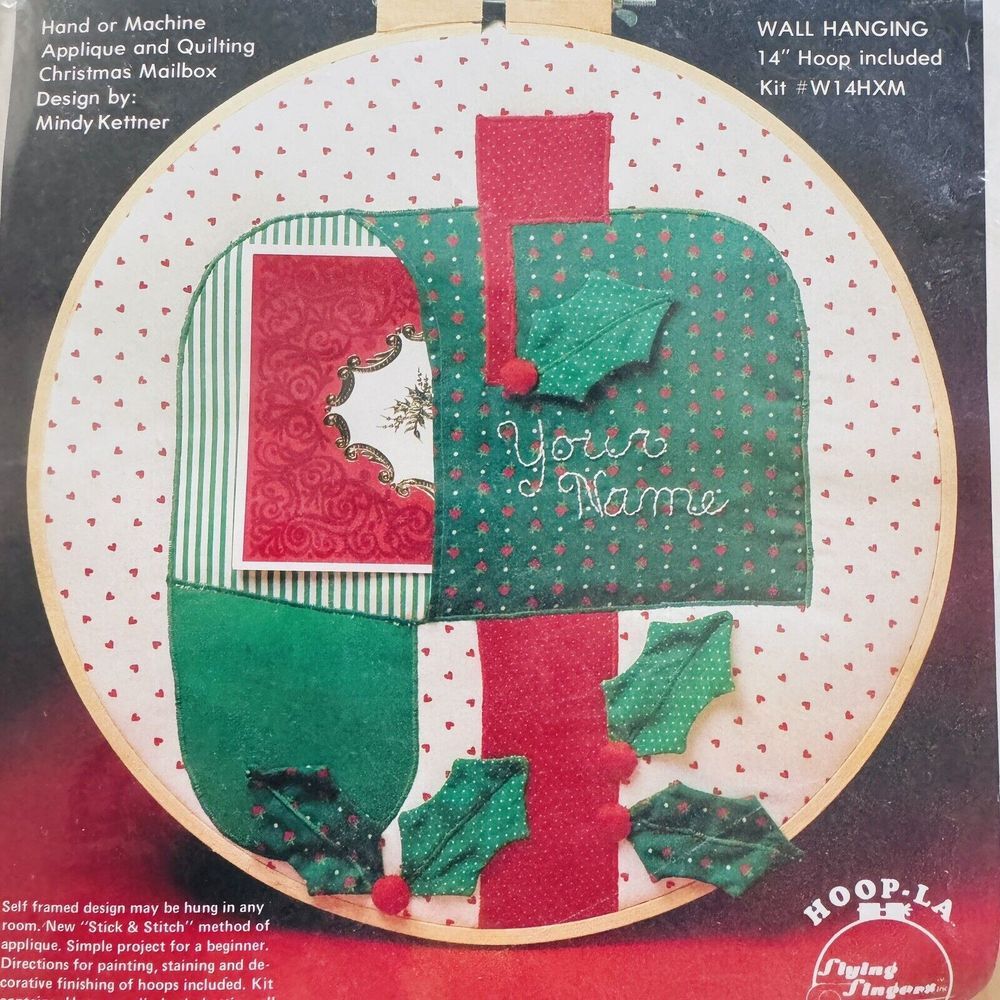Vtg 80s Christmas Card Holder Hoop-La Applique Quilt Kit Wall Hanging 14" #14XHM